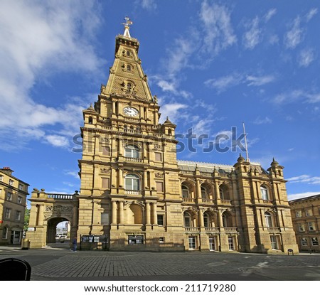 HALIFAX,UK - AUGUST 18, 2014: Town Hall, Halifax, West Yorkshire, England, UK, August 18 2014. Halifax is a Minster town and well known for the manufacture of wool from the 15th century