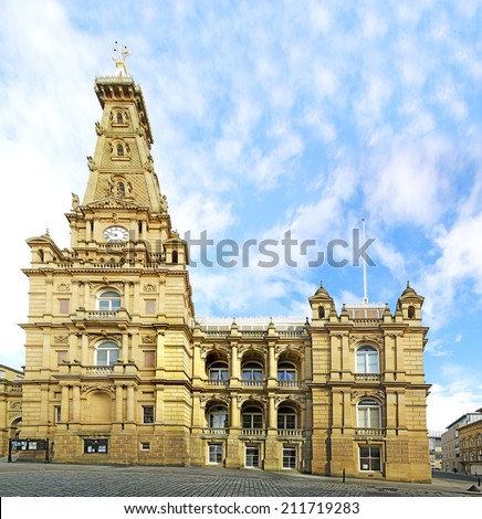 HALIFAX,UK - AUGUST 18, 2014: Town Hall, Halifax, West Yorkshire, England, UK, August 18 2014. Halifax is a Minster town and well known for the manufacture of wool from the 15th century