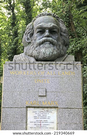 HIGHGATE, LONDON - SEPTEMBER 23, 2014: Karl Marx. Highgate Cemetery is notable both for some of the famous people buried there as well as for its status as a nature reserve.