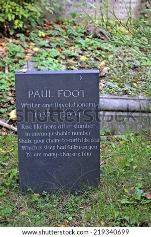 HIGHGATE, LONDON - SEPTEMBER 23, 2014: Paul Foot. Highgate Cemetery is notable both for some of the famous people buried there as well as for its status as a nature reserve.