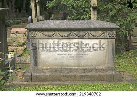 HIGHGATE, LONDON - SEPTEMBER 23, 2014:  Highgate Cemetery is notable both for some of the famous people buried there as well as for its status as a nature reserve.