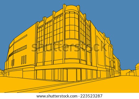 Line drawing with digital coloring of a  retail store, Leeds, West Yorkshire, England, UK