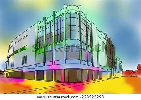 Line drawing with digital coloring of a  retail store, Leeds, West Yorkshire, England, UK