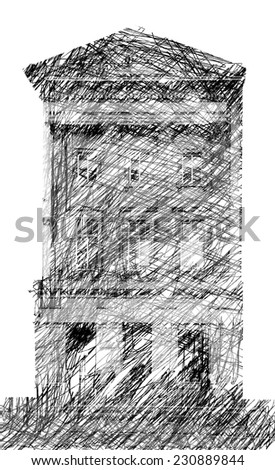 Scribbled line drawing of a neo-classical facade of a retail outlet, Manchester, England, UK