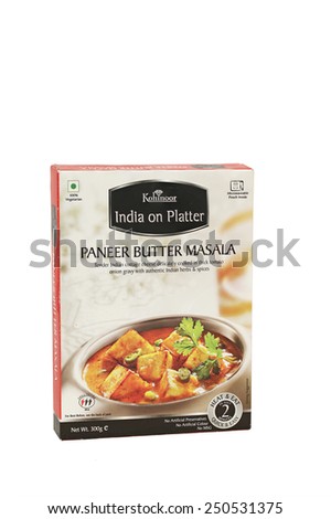 HALIFAX, UK - FEBRUARY 5, 2015: A box of Kohinoor\'s Paneer Butter Masala ready prepared food isolated on a white background. Kohinoor claims to bring the authentic taste of India food