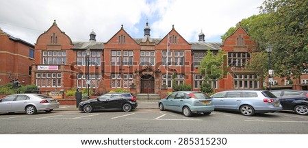 ALTRINCHAM, UK - JUNE 7 2015: Altrincham town hall. Altrincham is a market town in Trafford, Greater Manchester and an affluent commuter town with a strong middle class presence