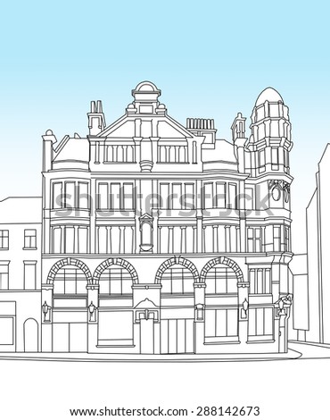 A line drawn illustration of Victorian commercial building, Leeds, England, UK