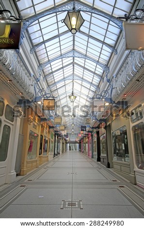 LEEDS, UK - JUNE 6, 2015: Queen\'s Arcade, Leeds. The Leeds City Region is the UK\'s largest economy and population centre outside London, generating 4% of national economic output