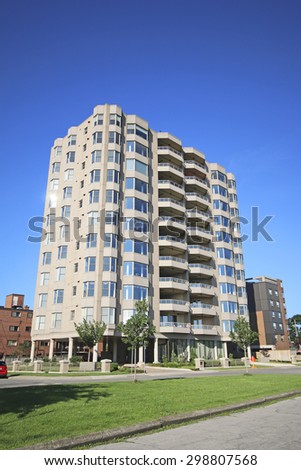HAMILTON, ONTARIO, - JULY 19, 2015:  Apartment block, Hamilton, Ontario, Canada. Hamilton is the centre of a densely populated and industrialized region at the west end of Lake Ontario