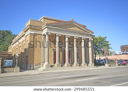 HAMILTON, ONTARIO - JULY 20, 2015: First Pilgrim United Church, Hamilton. Hamilton is the centre of a densely populated and industrialized region at the west end of Lake Ontario