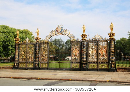 WARRINGTON, UK - AUGUST 23, 2015: Gates to Warrington Town Hall, Cheshire, England. The Town Hall, flanked by two detached service wings at right angles to the house, is a Grade I listed building