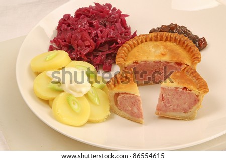Pork pie with red cabbage, potato salad and brown pickle