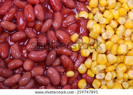 Red string bean in tomato sauce and yellow sweet corn can use as food background