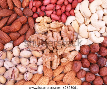 Assorted filbert, peanut, pistachios, walnut, almonds and hazelnuts on natural sackcloth can use as background
