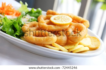 Deep batter fried squid rings calamari with green salad on white plate