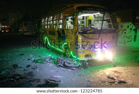 KARACHI, PAKISTAN - JAN 01: View of site after bomb blast, at Aisha Manzil on January 01, 2013 in Karachi. Two people were killed and at least 30 others had been injured.