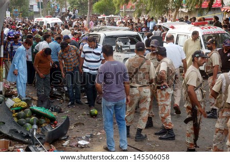 KARACHI, PAKISTAN - JUL 10: suicidal bomb blast attack on Pakistan President, security chief, Bilal Sheikh. At least three people killed and eleven others were injured   on July 10, 2013 in Karachi.