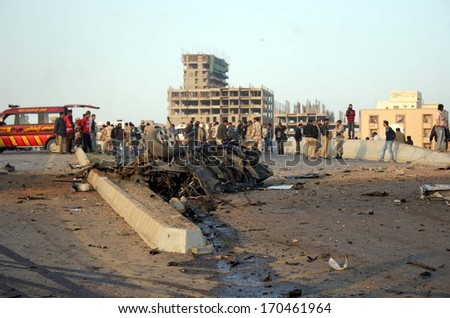 KARACHI, PAKISTAN - JAN 09:  Views after deadly suicidal attack on Chief of the Crime  Investigation Department (CID) of Sindh Police Chaudhry Muhammad Aslam. on January 09, 2014 in Karachi.
