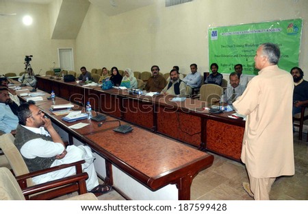 QUETTA, PAKISTAN - APR 16: Senior Journalist addresses on Two Days Training Workshop for Journalists organized by Peace Education and Development (PEAD) Foundation on April 16, 2014 in Quetta.