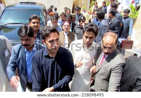 SUKKUR, PAKISTAN - SEP 18: Chairman Peoples Party (PPP) Bilawal Bhutto comes for on briefing on flood in River Indus at Irrigation office of Sukkur on September 18, 2014 in Sukkur.
