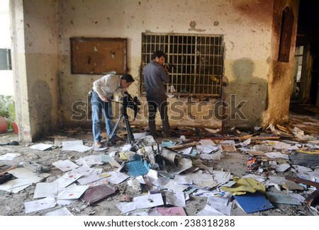 PESHAWAR, PAKISTAN - DEC 17: View of the destruction premises of Army Public School that was attacked by the Taliban militants on Warsak Road, on December 17, 2014 in Peshawar.