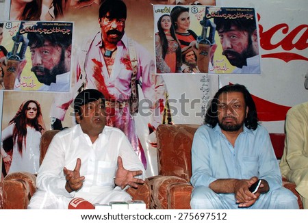 PESHAWAR, PAKISTAN - MAY 06: Pashto Film Actor Shahid Khan addresses to media \
persons during press conference held Arshad Cinema on May 06, 2015 in Peshawar.