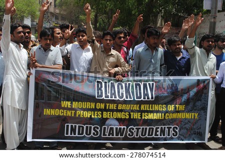 HYDERABAD, PAKISTAN - MAY 14: Law students are protesting against attack on Ismaili Community during a demonstration held outside Hyderabad press club on  May 14, 2015 in Karachi.