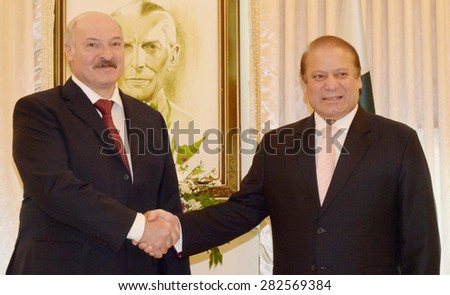 ISLAMABAD, PAKISTAN - MAY 29: Prime Minister Muhammad Nawaz Sharif shaking hands with President of Belarus, Alexander Lukashenko at PM House, on May 29, 2015 in Islamabad.