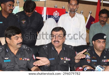 KARACHI, PAKISTAN - JUL 13: Karachi Police Chief briefing to media persons about detention of target killer Nasir alias Qadri associated with Lashkar-e-Jhangvi on July 13, 2015 in Karachi.