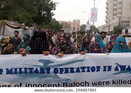 KARACHI, PAKISTAN - JUL 22: Relatives of missing persons are protesting for recovery of their loves ones during protest demonstration organized by (BHRO) on July 22, 2015 in Karachi.