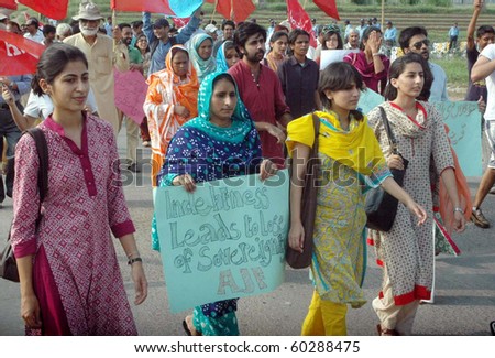 ISLAMABAD, PAKISTAN-SEPT 02: Activists of Civil Society protest in favor of their demands during rally in Islamabad in Thursday, September 02, 2010. (Adil Gill/PPI Images).