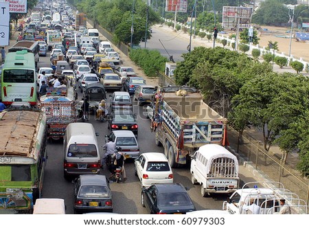 KARACHI, PAKISTAN - SEPT 05: A long queue of vehicles stuck in traffic jam at a  road at Nazimabad area in Karachi, Pakistan on September 05, 2010 (Rizwan Ali/PPI Images)