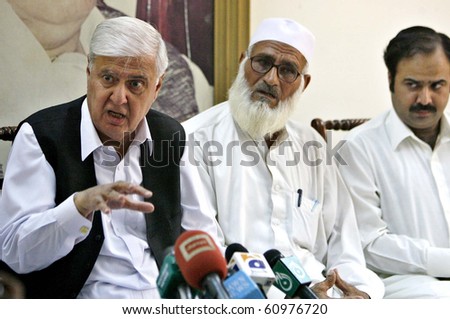 PESHAWAR, PAKISTAN - SEPT 07: Peoples Party-Sherpao Group Chairman, Aftab  Ahmad Khan Sherpao gestures during press conference at his residence in Peshawar, Pakistan on September 07, 2010