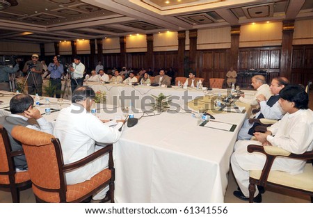 LAHORE, PAKISTAN-SEPT 15: Muslim League-N Chief Nawaz Sharif addresses during a meeting of flood relief and rehabilitation committee in Lahore on Wednesday, September 15, 2010. (PPI Images).