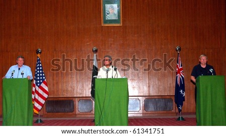 MULTAN, PAKISTAN-SEPT 16: Fed. Minister for Foreign Affairs, Shah Mehmood Qureshi, Australia Foreign Minister, Kevin Rudd & US Special Rep. for Afghanistan and Pakistan Sept 16, 2010 in Multan.