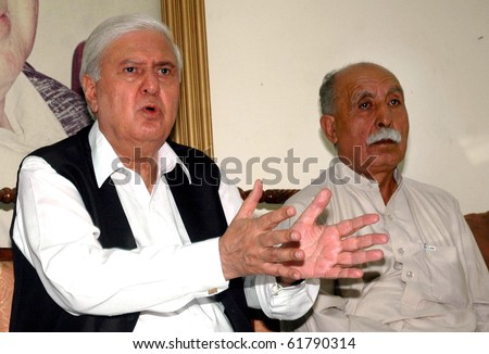 PESHAWAR PAKISTAN-SEPT 25: Chairman of Pakistan People\'s Party (S) Aftab Ahmad Khan Sherpao addresses a press conference at Peoples House hayatabad  on Saturday Sept 25, 2010 in Peshawar, Pakistan.