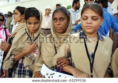 HYDERABAD, PAKISTAN - OCT 15: Blind people are protesting in favor of their demands during demonstration, on occasion of the \