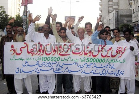 KARACHI, PAKISTAN - OCT 24: Activists of Human Rights Council protest in favor of their demands during a demonstration on October 24, 2010 in Karachi.