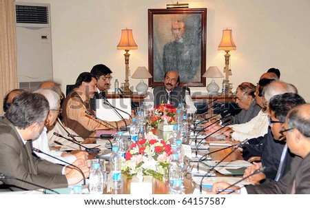 KARACHI, PAKISTAN - OCT 28: Sindh Chief Minister, Syed Qaim Ali Shah, presides over meeting of provincial rehabilitation and reconstruction council held at CM House on October 28, 2010 in Karachi.
