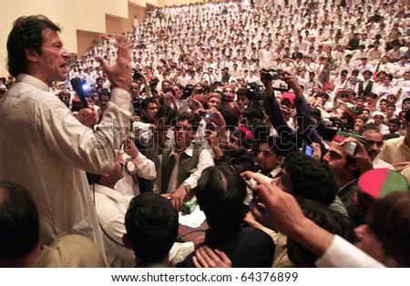 PESHAWAR, PAKISTAN - NOV 03: Tehreek-e-Insaf (PTI) Chairman, Imran Khan, addresses convention held on November 03, 2010 in Peshawar, Pakistan.