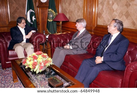 KARACHI, PAKISTAN - NOV 08: Sindh Governor, Dr.Ishrat-ul-Ibad Khan, exchanges views with France Ambassador, Daniel Jouanneau during meeting at Governor House on November 08, 2010 in Karachi.