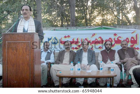 ISLAMABAD, PAKISTAN - NOV 25: Muslim League-N leader, Raja Zafar-ul-Haq, addresses seminar on occasion of the ?Youm-e-Azam-e-Jamoriat? held on November 25, 2010 in Islamabad.