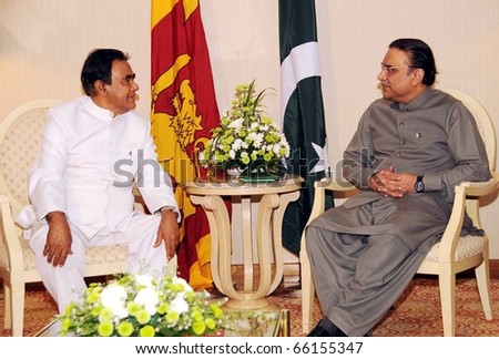 COLOMBO, SRI LANKA - NOV 28: President, Asif Ali Zardari, exchanges views with Sri Lanka Prime Minister, D.M.Jayaratne, during meeting  on November 28, 2010 in Colombo.