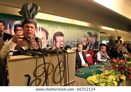 PESHAWAR, PAKISTAN - NOV 29: Pakistan Muslim League-N Chief, Nawaz Sharif, addresses to PML-N Convention held on November 29, 2010 in Peshawar.