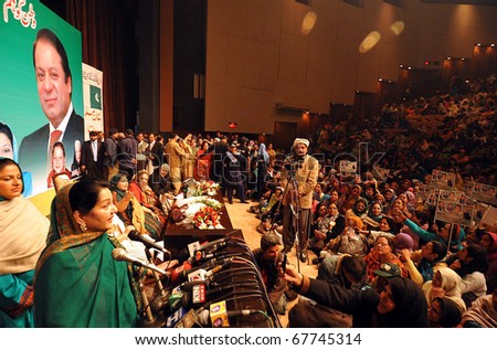 LAHORE, PAKISTAN - DEC 23: Begum Kulsoom Nawaz addresses Muslim League-N Women Wing Convention held on December 23, 2010 in Lahore.