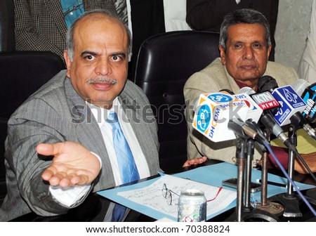 HYDERABAD, PAKISTAN - FEB 02: Liaquat Medical University Jamshoro Vice Chancellor, Noshad A.Sheikh gestures during press conference on February 02, 2011in Hyderabad.
