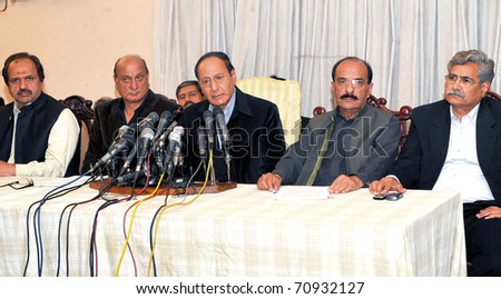 LAHORE, PAKISTAN - FEB 10: Muslim League-Q President, Ch. Shujaat Hussain addresses press conference at his residence on Thursday, February 10, 2011 in Lahore.