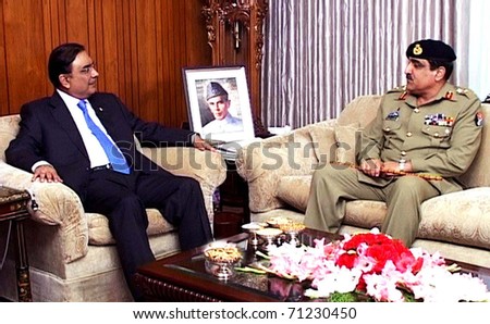 ISLAMABAD, PAKISTAN - FEB 14: President, Asif Ali Zardari, in meeting with Joint Chiefs of Staff Committee Chairman (CJCSC), Gen.Khalid Shamim Wynne at Aiwan-e-Sadr on February 14, 2011in Islamabad.