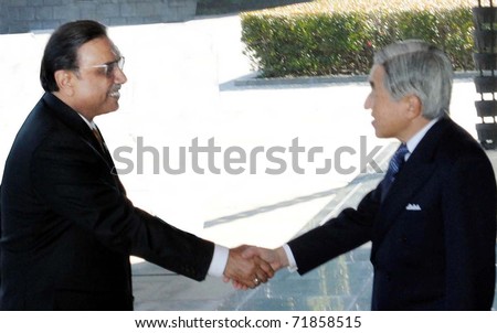 TOKYO, JAPAN - FEB 23: President, Asif Ali Zardari, being received by Japan Emperor, Akihito on his arrival at Imperial Palace on February 23, 2011 in Tokyo.