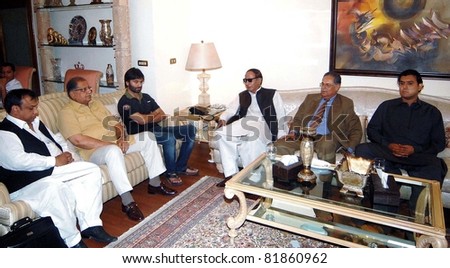 ISLAMABAD, PAKISTAN - JUL 28: Muslim League-Q President, Ch.Shujaat Hussain in meeting with Yasin Malik Chairman of Jammu and Kashmir Liberation Front (JKLF), on July 28, 2011in Islamabad, Pakistan.